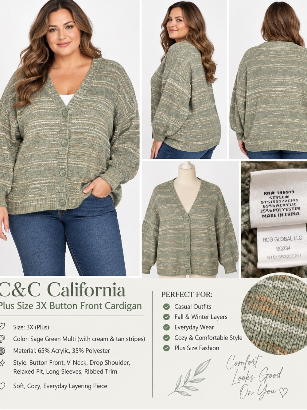 C&C California Plus Size 3X Sage Green Marled Knit Oversized Cardigan Sweater